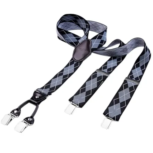 DonDon Hosenträger Herren extra stark mit Karos schwarz grau 3,5 cm Hosenträger Herren breit mit brauem Leder in Y-Form lang - Starke Clips passend für Anzug Jeans Chinos Vintage Rockabilly Suspenders