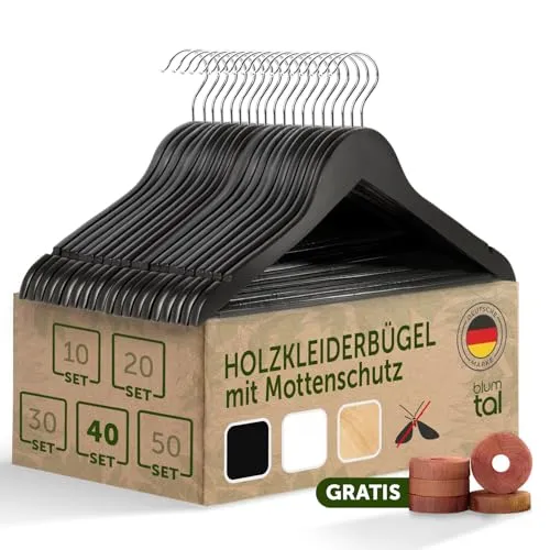 Blumtal Kleiderbügel Holz 40er Set - Holzbügel mit 360° drehbarem Metallhaken - Kleiderbügel Schwarz mit Zedernholz Mottenschutz - Kleiderbügel Holz Schwarz mit Anti-Rutsch-Schicht & Einkerbungen