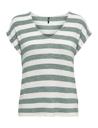 ONLY V-Shirt ONLLIRA LIFE S/S V-NECK TOP JRS NOOS in Chinois Green Stripes - Modisches Kurzarm-Shirt mit elastischem Single Jersey, ideal für lässige Looks. Bequem und pflegeleicht, perfekt für den Alltag.
