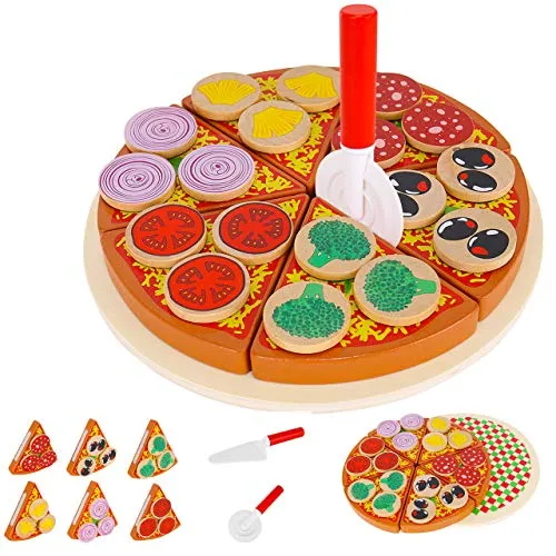 KRUZZEL Holz Pizza Set zum Schneiden - Spielzeug-Lebensmittel Set mit 27 Teilen, inklusive 6 Pizzastücken und Zubehör aus hochwertigem Holz, fördert Kreativität und motorische Fähigkeiten.