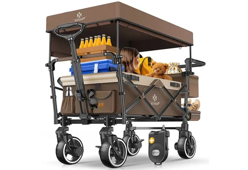 KESSER® Bollerwagen Faltbar GTS-9100 mit Dach - Bollerwagen mit abnehmbarem Dach, gefederten Vollgummi-Reifen und 3-Punkt Gurtsystem für höchste Sicherheit und Komfort bei Ausflügen.