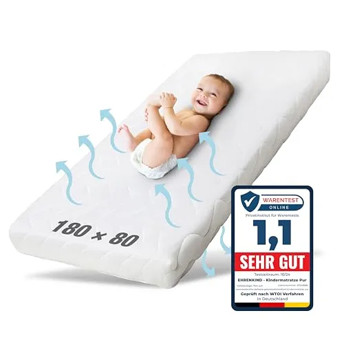Ehrenkind® Kindermatratze Pur 80x180 - Matratze für Babybett 80x180, bietet optimale Luftzirkulation und antibakteriellen Schutz für sicheren und komfortablen Schlaf.