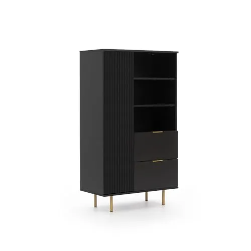 Lomadox Highboard Vitrinenschrank Schwarz Matt mit Rillenoptik