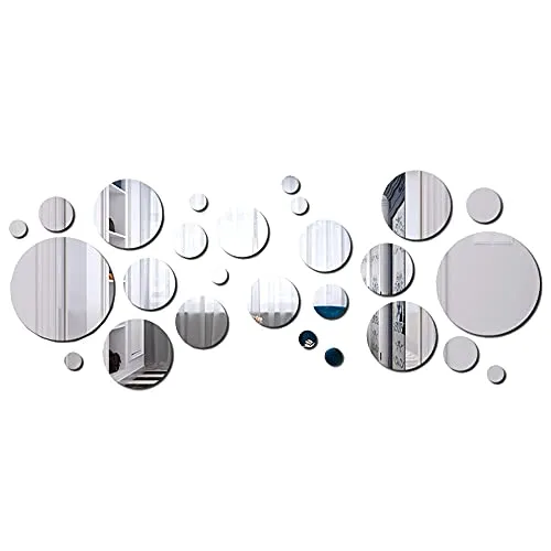 Youery 32 Stück Runde Kreis Spiegel DIY Silber Selbstklebende Fliesen Fernsehhintergrund Spiegel