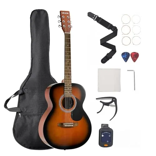 VEVOR Dreadnought Akustik Gitarre, 1016 mm, Akustische Gitarre Set mit Gigbag, Stimmgerät, Gurt, Stahlsaiten, Plektren, Kapodaster, Palisandergriffbrett, für Erwachsene, Sunburst