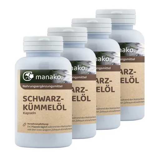 manako Schwarzkümmelöl Kapseln, 4 x 150 Stück, Dose a 112,5 g