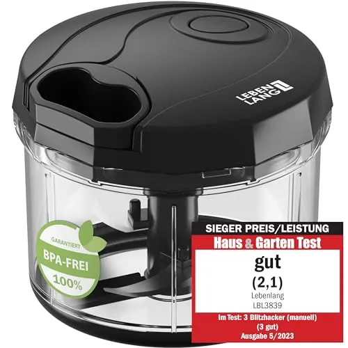 LEBENLANG Gemüse & Zwiebelschneider - 1L Obst Zerkleinerer manuell - Multifunktionschopper für die Küche: BPA-frei, mit scharfen Edelstahlklingen für schnelles und gleichmäßiges Schneiden von Gemüse und Obst. Einfach zu reinigen und mit festem Stand.