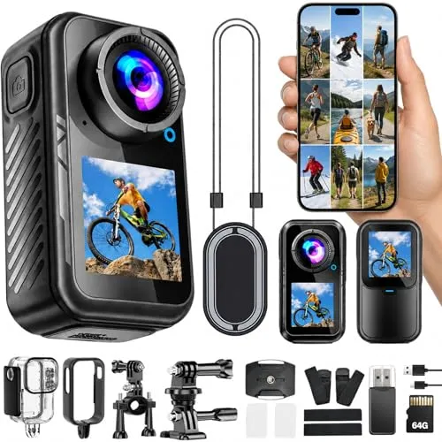 TOSBARRFT 5K 64MP Action Cam mit Magnetischer Halterung, 66g Helmkamera für Motorrad & Fahrrad, Dual-Display Vlogging Kamera, EIS Stabilisierung 1080P, Wasserdicht 30M inkl. 64GB Karte