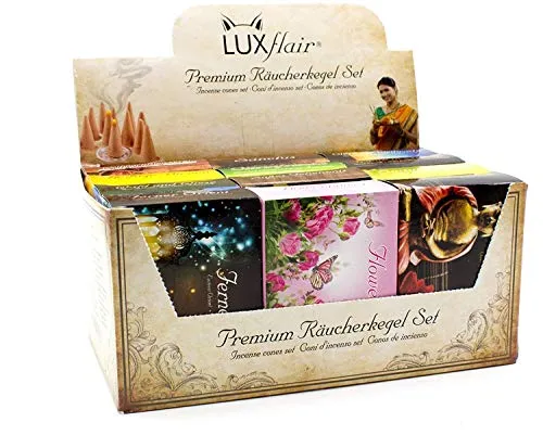 LUXflair Räucherkegel Set XXL, 240 Stück, 12 Düfte inkl. Kegelhalter | 12 Duftvarianten: Klassische, blumige, fruchtige und weihnachtliche Aromen für abwechslungsreiche Momente