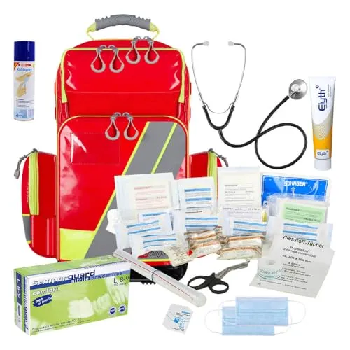 aluderm by Söhngen SÖHNGEN Lifebag Notfallrucksack L, rot/silber/gelb, DIN 13157 mit Zusatzmaterial, Art.-Nr. 611055 | Notfallrucksack | Sanitätsrucksack | Erste Hilfe Rucksack