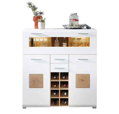 Lomadox Bartisch FARO-36, weiß mit Eiche Nb. und LED Beleuchtung 120/129/37 cm