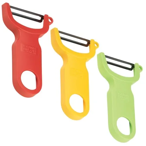 Kuhn Rikon Original Schweizer Schäler 3er Pack rot/grün/gelb | Karbonstahlklingen, integrierter Kartoffelaugenentferner, ergonomischer Links- oder Rechtshänder, einfache Reinigung