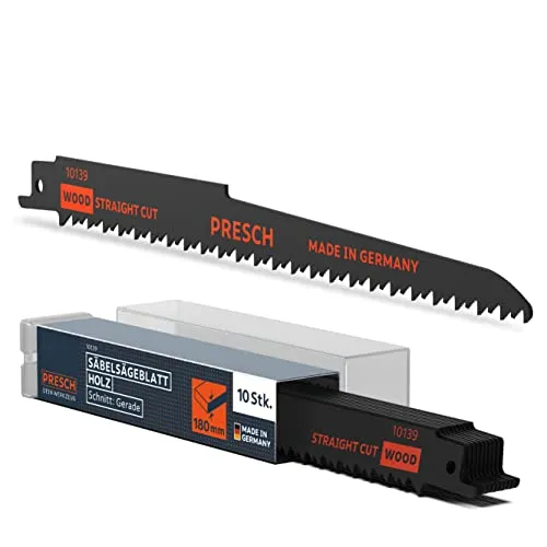 Presch Säbelsägeblätter Holz 210mm 10 Stk. - Schnitt 6-180mm - Sägeblätter Säbelsäge für Holz PVC Rohre uvm. - Universalschaft Reciprosäge Sägeblätter Set inkl. Box