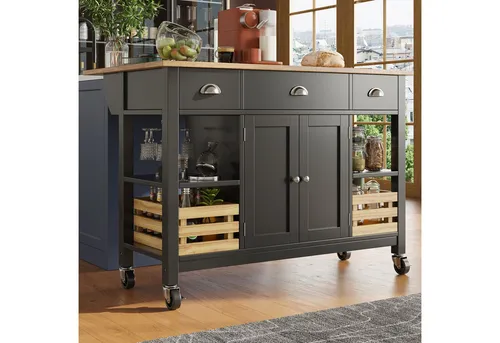Okwish Kücheninsel in Schwarz, 120x90x73 cm – Modernes Küchenmöbel mit klappbaren Seiten