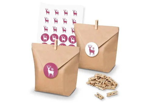 itenga Geschenkbox itenga SET Adventskalender 24x Tüten + Klammern + Zahlensticker (Z47)