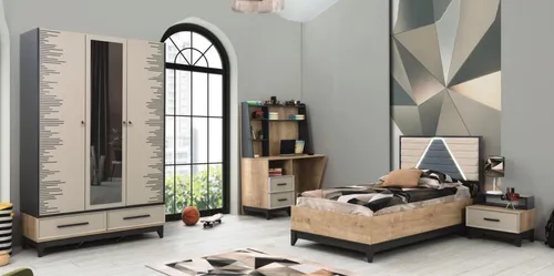 Komplettes Kindermöbel Set 4tlg - Jugendbett aus Holz in Braun - Praktisches 4-teiliges Set für das Kinderzimmer: Bettrahmen, Kleiderschrank, Nachttisch und Schreibtisch. Modernes Design aus Holzfurnier, ideal für Jungen und Mädchen. Montage erforderlich.