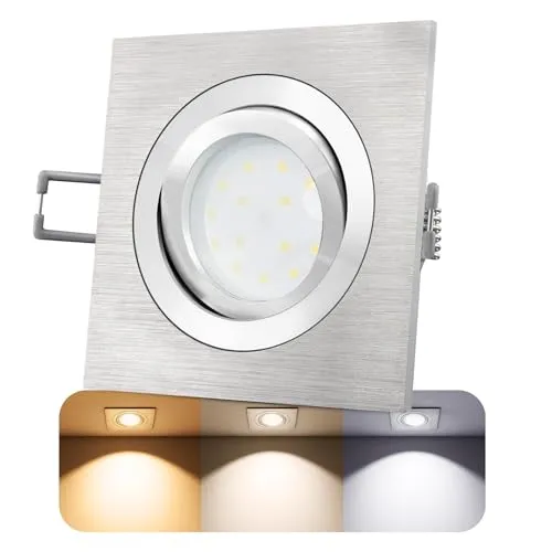 SSC-LUXon LED-Einbaustrahler Ultra flach (30mm) QF-2 eckig Alu gebürstet schwenkbar mit 4W LED Modul warmweiß 2700K 230V ohne Trafo | Oberfläche Aluminium fein gebürstet | glanzpolierter Innenring