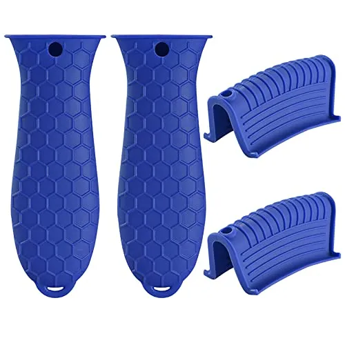 Berkelen Silikon Heiß Griff Halter und Hilfsgriffhalter - Wärmeisolierter Assist Griff für Gusseisen Topfwoks, Bratpfannen, Pfannen, Ofen - 4 Stücke Blau