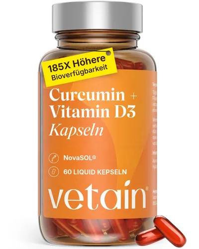 VETAIN Curcumin Kapseln - Optimierte Mizell-Form mit 185x höherer Bioverfügbarkeit - Nahrungsergänzungsmittel in flüssigen Kapseln mit Curcumin und Vitamin D3. Ideal für die tägliche Unterstützung und ein gutes Bauchgefühl. Vegan, glutenfrei und ohne Allergene.