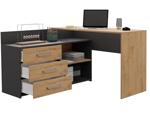 BDW Eckschreibtisch Rechts, 3 Schubladen und 2 Regale, viel Platz zum Entfalten, für Jugendzimmer, Büros und Ateliers, Computertisch, Bürotisch 120x76x50 cm (Anthrazit/Artisan-Eiche)