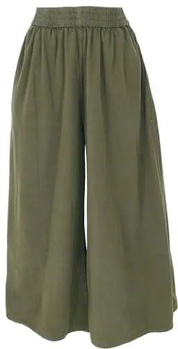 GURU SHOP Bequeme Palazzohose - Olivgrün, Damen - Damen-Hosen aus weicher, vorgewaschener Baumwolle mit zwei seitlichen Hosentaschen und breitem elastischen Bund für optimalen Tragekomfort.
