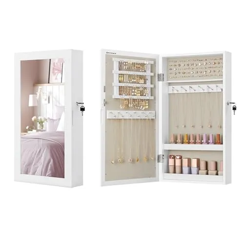 SONGMICS Schmuckschrank, Spiegelschrank, Hängeschrank, abschließbarer Wandschrank, platzsparender Schmuckorganizer, Oberfläche in Weiß, Innenfutter in Greige JJC051W02