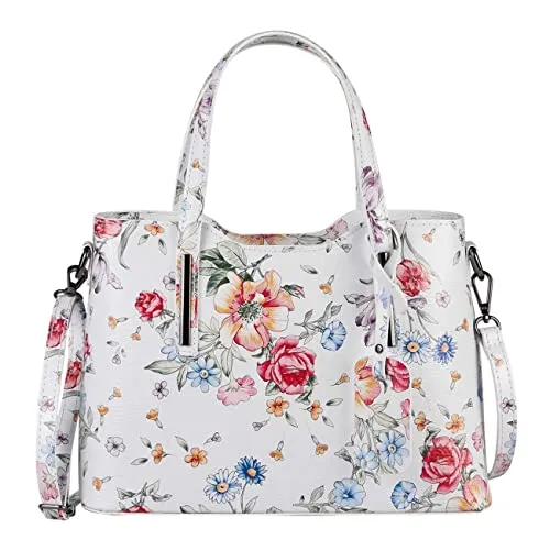 OBC Made IN Italy Damen Echt Leder Tasche Business Shopper Schultertasche Handtasche Ledertasche Umhängetasche Rindsleder Freizeittasche Weiß-Blumen