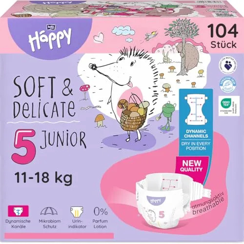 bella baby Happy Premium Windeln Größe 5 Junior 11-18 kg 104 Stück, DERMATEST & OEKO TEX Siegel, Babywindeln Einweg