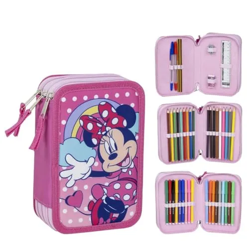 Federmäppchen für Kinder Minnie Maus, Rosa, Reißverschluss, 12,5 x 6,5 x 19,5 cm, Dreifachfach, inklusive Zubehör, Originalprodukt, entworfen in Spanien, Rosa, Federmäppchen