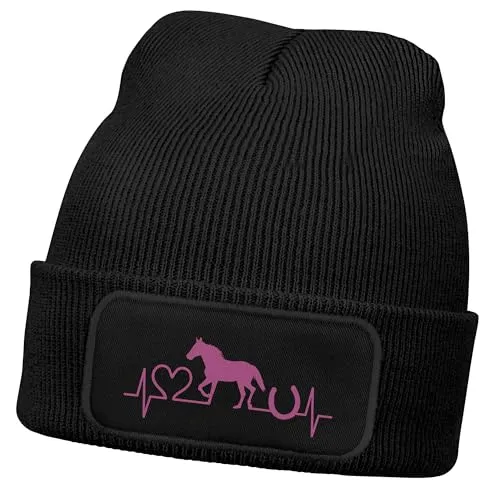 MoonWorks® Wintermütze Kinder Beanie für Mädchen Reiten Herzschlag Pferd mit Patch Aufdruck Print Strickmütze Schwarz-pink Unisize