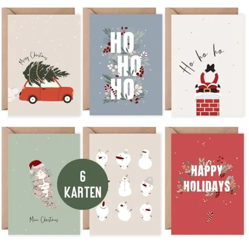 Weihnachtskarten | Grußkarten Weihnachten | Set 6 Klappkarten Frohe Weihnachten inklusive 6 Naturkuverts | Karten Merry Christmas DIN A6 (Xmas) 6