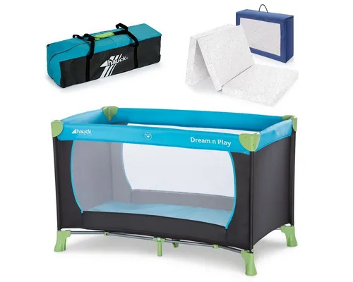 Hauck Baby-Reisebett Dream'n Play - Set - Waterblue, 4-tlg., Kinderreisebett mit Reisebett Matratze (6 cm Höhe) & Tasche - faltbar