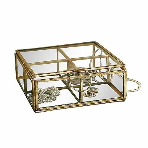 Loberon Box Moselle - Handgefertigt - Vier Separate Fächer - Schmuckkästchen - Aufbewahrung - Edelstahl - Glas, Gold