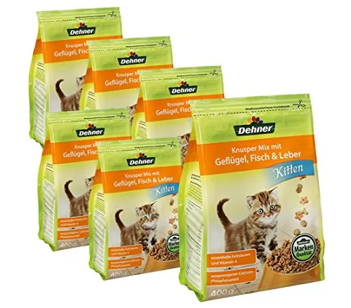 Dehner Katzenfutter Kitten Knusper-Mix, Trockenfutter, für junge Katzen, Geflügel / Fisch / Leber, 6 x 400 g (2.4 kg)