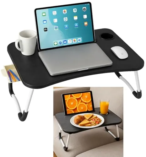 Betttablett Klappbar, Frühstückstablett mit Griff und Getränkehalter, Serviertisch, Ideal für Lesen und Arbeiten, Auch als Lapdesk Verwendbar 60x40x26 cm Schwarz mit Schublade
