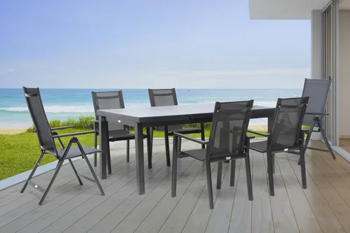 OUTFLEXX Premium Garten-Essgruppe, anthrazit/grau, Alu/Textilene, Ausziehtisch 180/240x100cm, 4 Stapel-, 2 Klappstühle