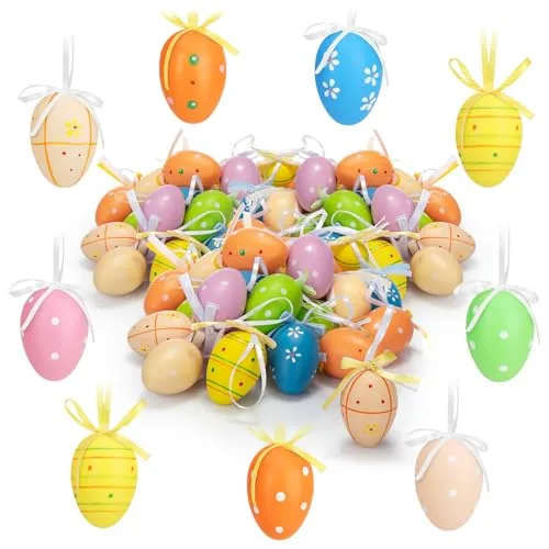 com-four® 72x handbemalte Ostereier zum Aufhängen 6 cm - bunte Eier für Strauch und Kranz - Osterdeko mit Muster - Deko-Ostereier aus Kunststoff - Hängedeko [Auswahl variiert] (Mix Punkte/Blüten - 02)