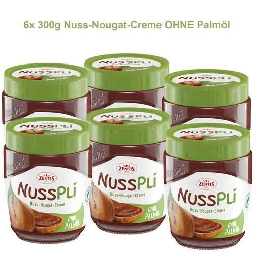 Zentis Nusspli 6x 300g Nuss Nougat Creme - Brotaufstrich ohne Palmöl, perfekt für einen genussvollen Start in den Tag mit unverwechselbarem Nussgeschmack.