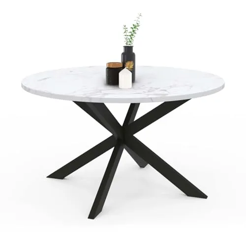 IDMarket Runder Couchtisch Alaska 70 cm – Weißer Marmoreffekt & Schwarzer Metallfuß