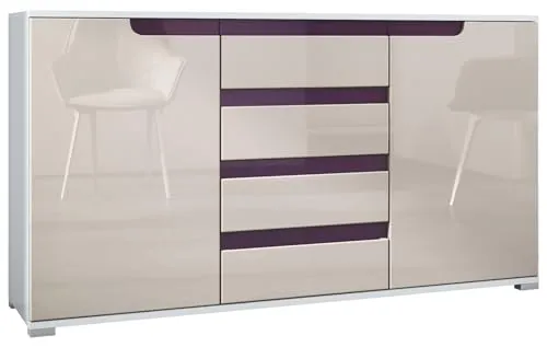 Sideboard Sylt V1, Kommode mit 2 Türen und 4 Schubladen, Korpus - Weiß matt/Front - Sandgrau Hochglanz/Absetzung - Brombeer Hochglanz (138,5 x 75,5 x 35 cm)