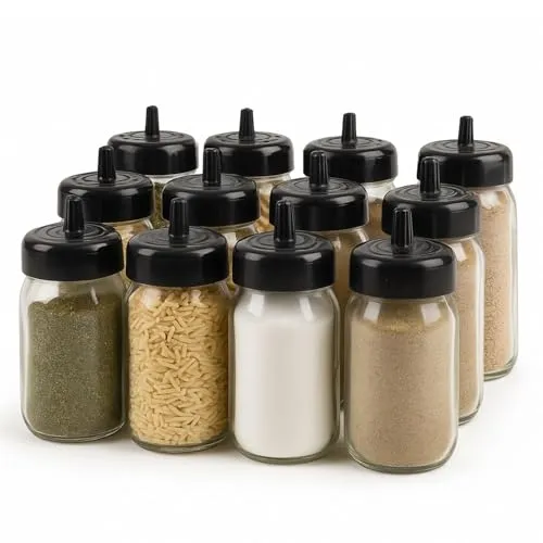 12x Gewürzgläser 330ml – Luftdichte Vorratsdosen mit Löffel - Gewürzbehälter im Vintage-Stil, ideal zur Organisation von Gewürzen, Nüssen und Tee. Spülmaschinenfest und stapelbar für einfache Reinigung und platzsparende Aufbewahrung.