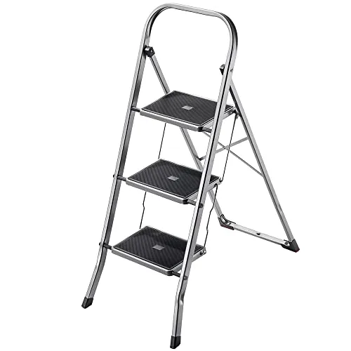 KADAX Klappleiter aus Stahl, 3-stufige Trittleiter mit rutschfesten Stufen, Traglast bis 150 kg, klappbar mit Handlauf
