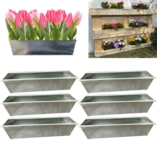 Hossi's Wholesale 6er Set Zink Paletten Blumenkästen - Einsatz 38cm groß Silber - aus Metall verzinkt - Zinkkasten Pflanzkasten Balkonkasten Blumentopf für Europaletten