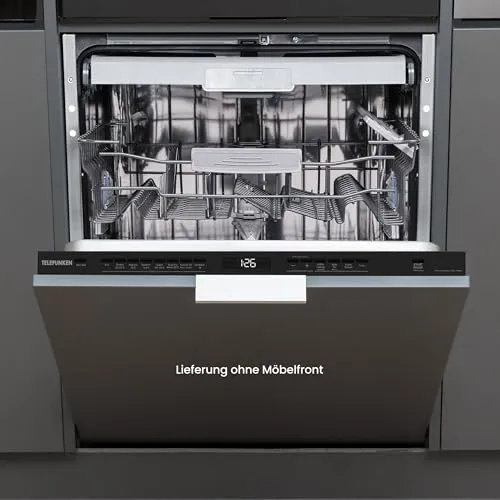 Telefunken Geschirrspüler 60 cm vollintegrierbar | Einbau Spülmaschine | 14 Maßgedecke | 9 Programme | AquaStop | Energieklasse A | 44 dB | Startzeitvorwahl | Auto-Door | inkl. Besteckkorb | GEV6014A
