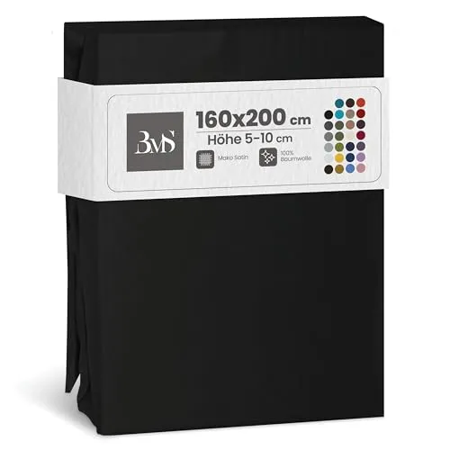 Bettwaesche-mit-Stil Mako Satin Spannbettlaken Spannlaken Spannbetttuch (160 cm x 200 cm, Matratzenhhöhe 5-10cm, Schwarz)