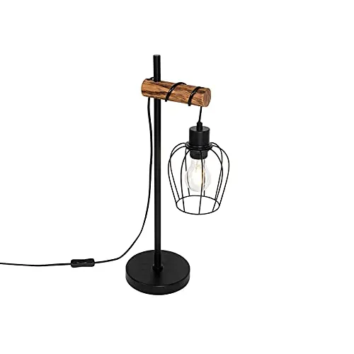 Qazqa Landhaus Tischleuchte Stronk - Schwarz & Holz, 60W max, Dimmbar - Elegante Tischleuchte mit E27-Fassung, ideal für Schlafzimmer, Küche und Wohnzimmer. Dimmbar für individuelle Lichtstimmung, ohne Leuchtmittel. Hochwertige Verarbeitung aus Holz und Stahl.