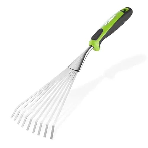 WORKPRO 41 cm Handrechen für Laub, 9-Zahn Gartenhandharke, Edelstahl Fächerrechen mit ergonomischem Griff und Aufhängeloch, ideal für die Reinigung kleiner Flächen