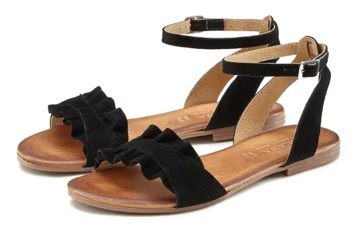 LASCANA Sommerschuh Sandale Damen Gr. 40 schwarz - Modische Riemchensandale aus hochwertigem Leder mit kleinen Rüschen. Ideal für warme Tage, gefertigt aus 100% Ziegenleder und bietet höchsten Tragekomfort.