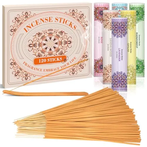 SCENTORINI Räucherstäbchen Set 120 Stock, Duft von Bernstein Moschus, Rose, Sandelholz, Lavendel, Regenwald, inklusive 1 Räucherstäbchen Halter
