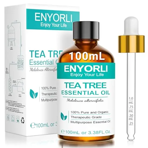 ENYORLI Teebaumöl 100ml Tea Tree Oil Reines und Teebaumöl Ätherisches Öl Vegan Teebaum Ätherisches Öl für Diffuser,Shampoo, Gesicht,Haut, Nagel, mit Pipette Praktisch